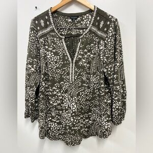 Lucky Brand Ivy Olive Green Silver Peasant Top Blouse Embroidered Women Plus 1X